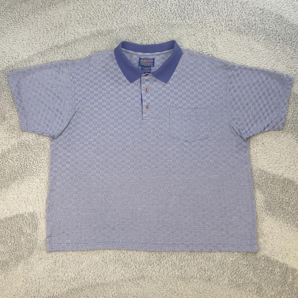 Pendleton Polo Shirt Mens XL Blue‎ Mercerized Cotton Knit Jacquard Check Pocket